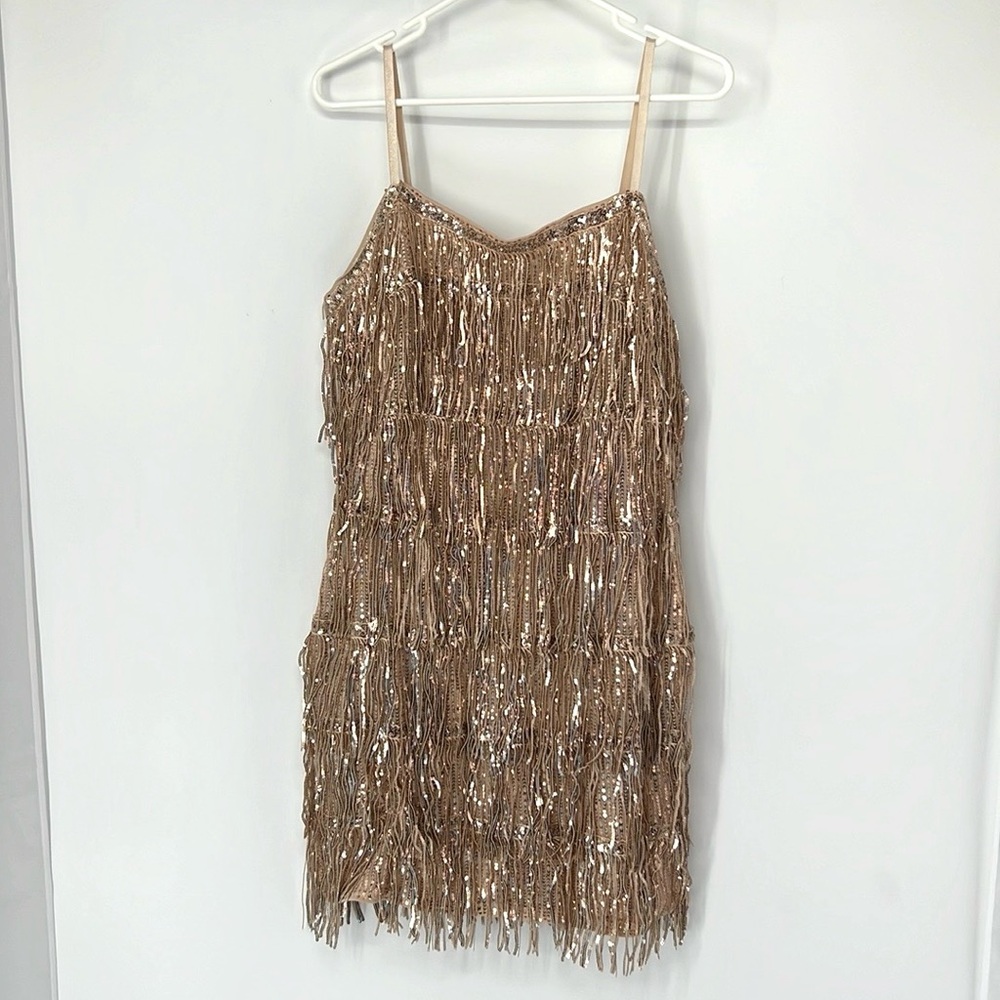 SHEIN Gold Sequin Fringe Spaghetti Strap Dress